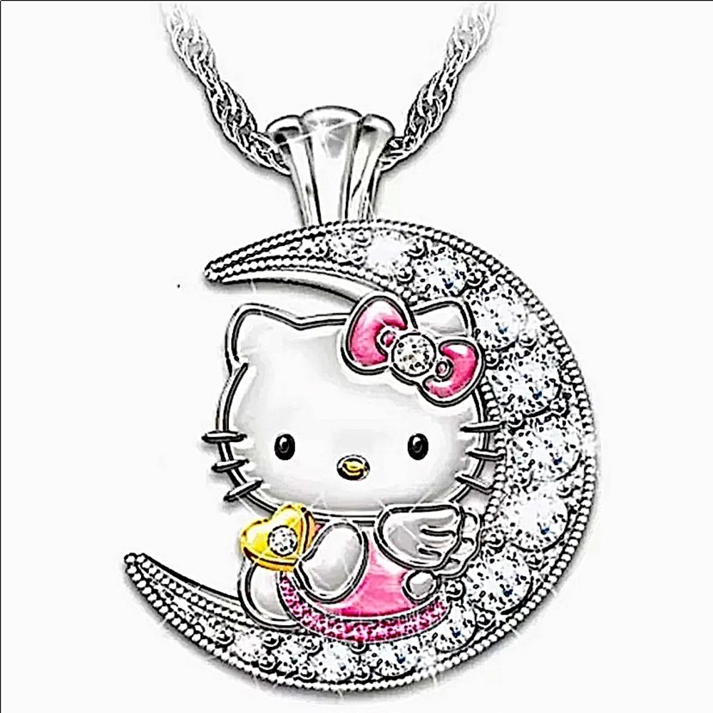 NEW STERLING SILVER HELLO KITTY ZIRCON MOON PENDANT NECKLACE